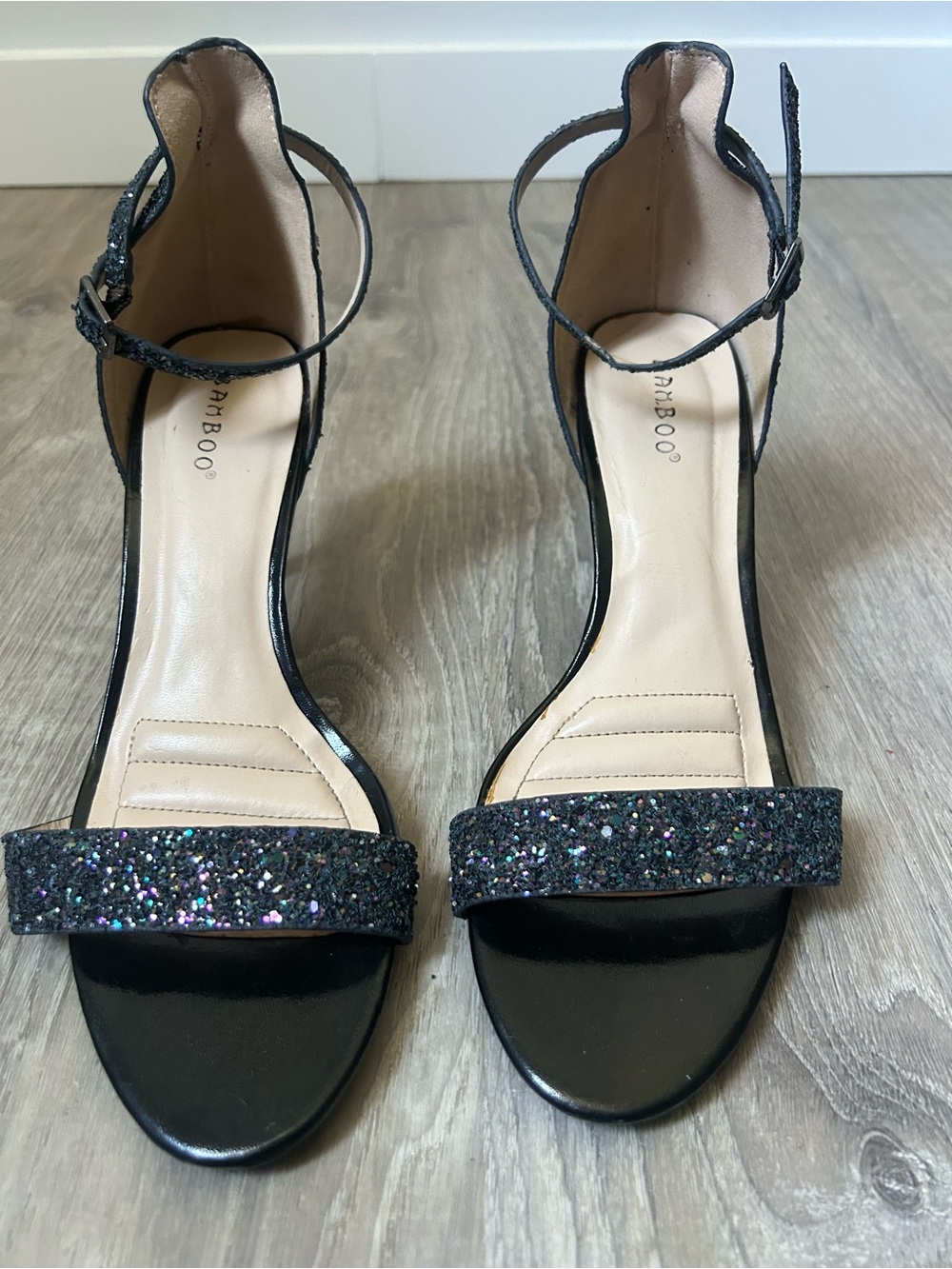 BAMBOO Women’s Black Glitter Ankle-Strap Heels Size 9